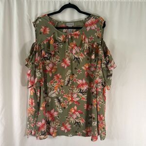 New Catherines Blouse Women's 3X Green Pink Floral Cold Shoulder Round Neck